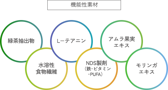 機能性素材 緑茶抽出物 L−テアニン アムラ果実エキス 水溶性食物繊維 NDS製剤（鉄･ビタミン･PUFA）モリンガエキス